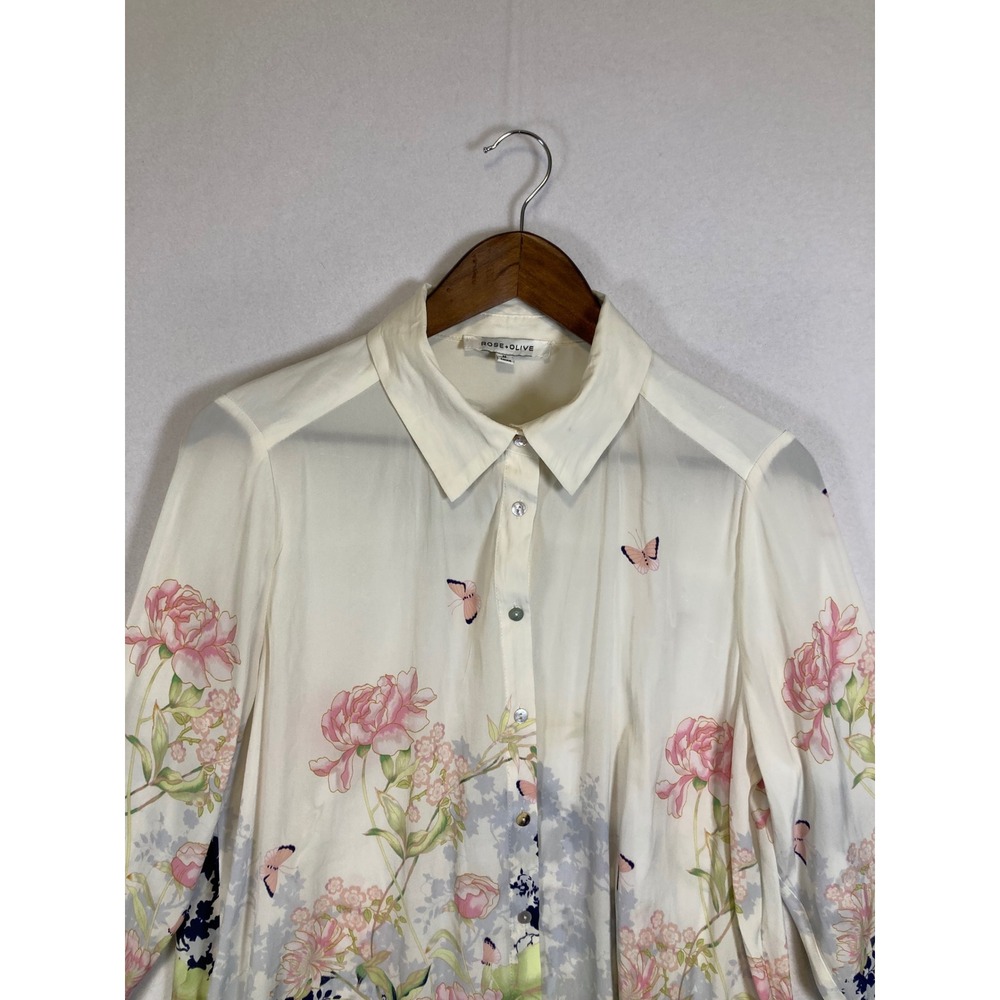 Whimsical Chic Floral Butterfly Blouse Women Medium Ivory Navy Blue Long Sleeve - Picture 4 of 9